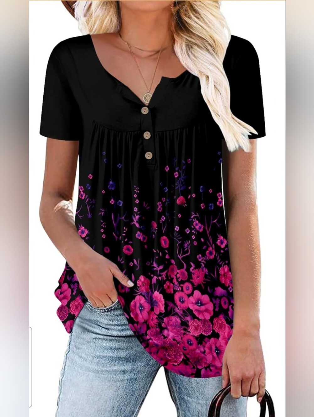 Floral Ombre Button-Front Babydoll Short Sleeve Tunic Top - Black/Pink